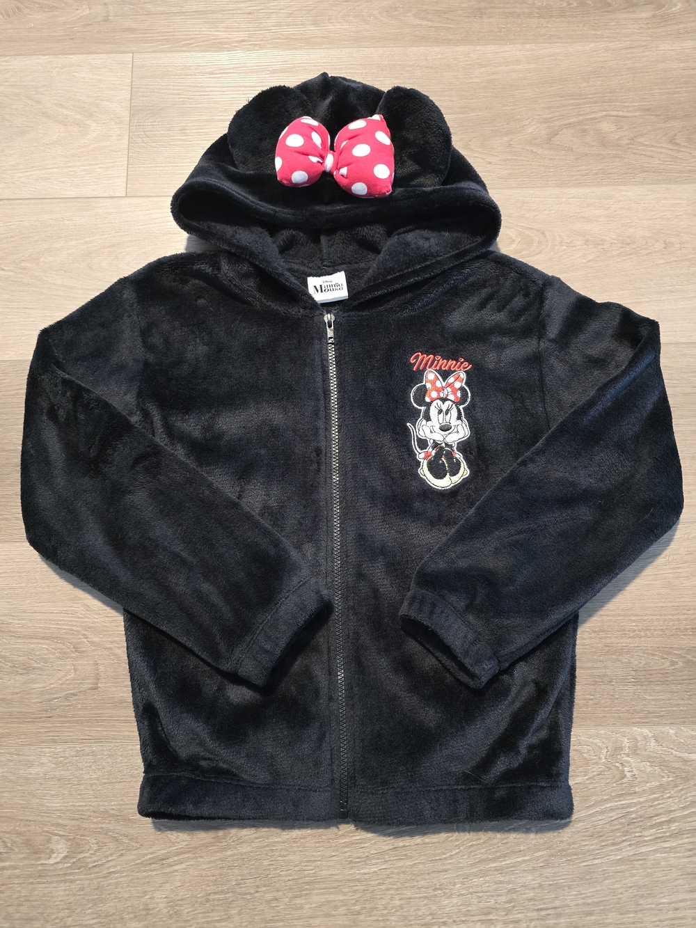 Disney Minnie Mouse Hooded Zip Up Jacket Black Red Bow Size Large 14 Sweater